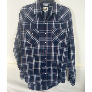 Thrashed Ely Cattleman western Pearl snap long sl blue/white/red shirt Sz L Tall
